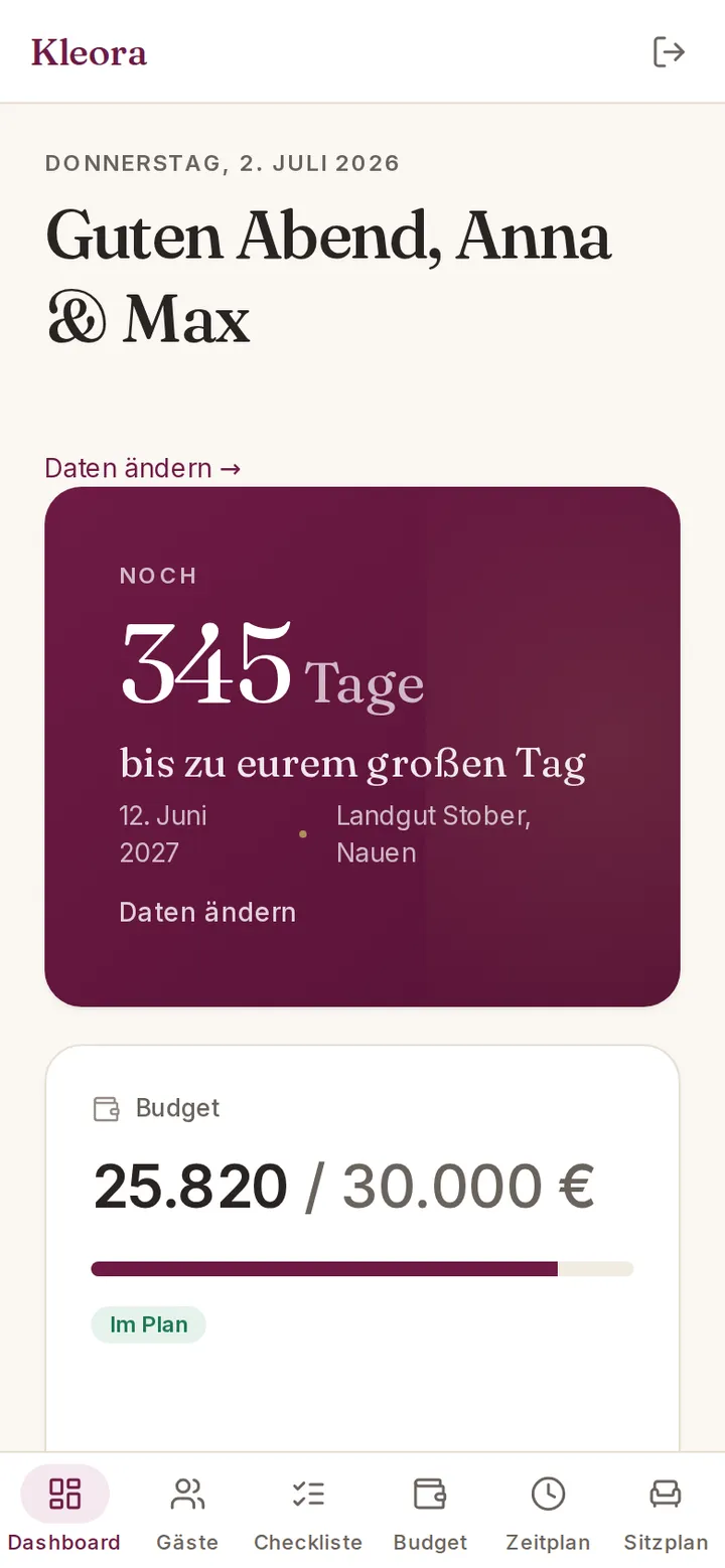 Kleora Dashboard: euer Überblick über die ganze Hochzeitsplanung